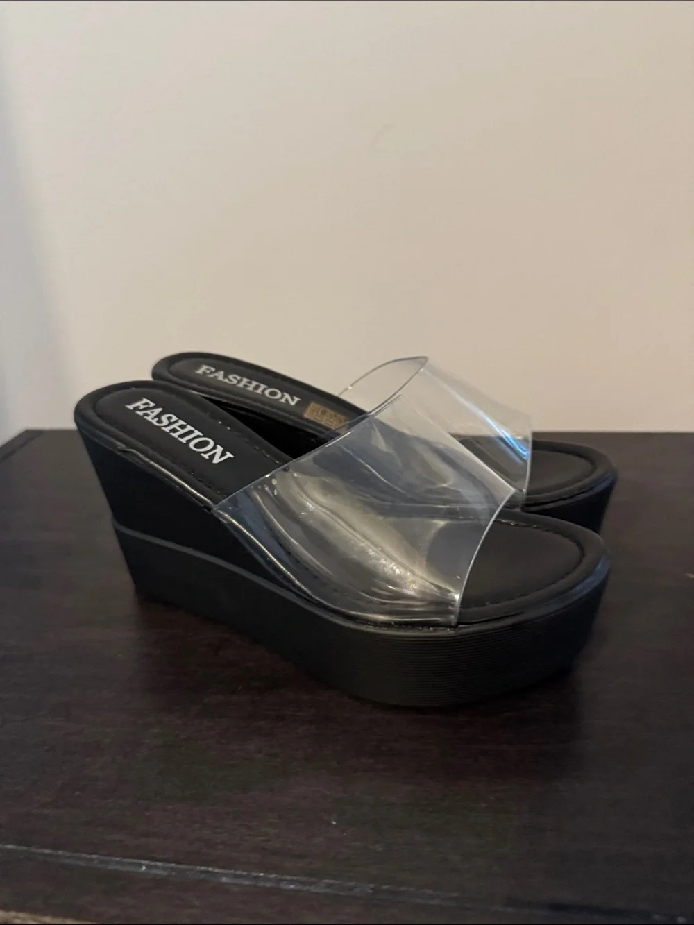Clear Strap Black Platform Wedge Sandals